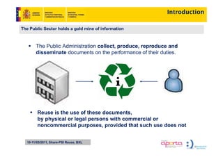 Introduction

The Public Sector holds a gold mine of information



       The Public Administration collect, produce, reproduce and
       disseminate documents on the performance of their duties.

                                                    Administración
                                                      Pública
                                                     Sostenible




                                    Sociedad
                                  Participativa y
                                  Colaborativa                       Sociedad
        Reuse is the use of these documents, Productiva y
                                             Cohesionada
        by physical or legal persons with commercial or
        noncommercial purposes, provided that such use does not


  10-11/05/2011, Share-PSI Reuse, BXL
 