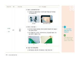 104 ArtE 초등 미술과 심화 자료
영역별
창작
20′
창작
활동
③ 인물 팀 : 등장인물(인형) 만들기
▶ 그림자만으로 인물을 알아볼 수 있도록 인물의 특징을 살려 외곽선을
그려 만들도록 한다
④ 배경 팀 : 배경 만들기
▶ 이야기에 꼭 필요한 배경만을 간략하게 표현하여 만들도록 하며 인물보다
튀지 않도록 지도한다.
▶ 지지 역할을 하는 도구로는 나무젓가락 보다는 꽃 철사를 이용하는 것이
길이 면에서 더 활용도가 있다.
◈ 다음 시간 준비물 확인
▶ 대본 팀에서는 배경 음악, 무대 팀에서는 디지털 카메라 준비
학 습 단 계 시량 학 습 내 용 교 수 - 학 습 활 동
5-8
● 자 료
지난 시간에 만들었던
영역별 창작물, 오디오,
배경음악(CD)
앞과 뒷면 그림자 인형극의 한 장면
앞 뒤
유의점
소통의 과정을 중시하도록
하며 각 영역별로 호흡을
잘 맞출 수 있도록 지도한다.
 