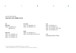 연구
책임 연구자
허정임 부산교육대학교 교수
예술교육연구소장
공동 연구자
김선희 부산 구덕초등학교 교사
김명숙 부산 명지초등학교 교사
류청림 부산 사직초등학교 교사
연구 보조원
이은주 부산 동항초등학교 교사
양혜영 부산 해송초등학교 교사
보조원
권해일 부산 과정초등학교 교사
박정한 부산교대 부설초 방과 후 학교 강사
자 문
정원일 부산교육대학교 교수
한상한 부산 포천초등학교 교사
김정주 부산 교사국악회 그루터기 회장
이영옥 부산 반안초등학교 교사
기 획
한국문화예술교육진흥원 교육개발팀
ArtE 초등 미술과 심화 자료
미술로 통하는 창의적 체험활동 프로그램
● 본 프로그램 자료집은 2009년도 한국문화예술교육진흥원이 기획∙지원하여 추진된
‘교과활동 연계 문화예술교육 심화 프로그램 - 열린 미술, 문화예술과 소통하다’연구를 바탕으로 제작되었습니다.
 