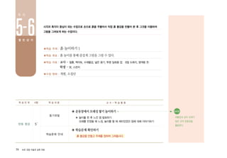 38 ArtE 초등 미술과 심화 자료
■학습 주제 : 흙 놀이하기 1
■학습 목표 : 흙 놀이를 통해 즐겁게 그림을 그릴 수 있다.
■학습 자료 : 교사 - 찰흙, 백자토, 수채물감, 넓은 용기, 투명 일회용 컵 8절 도화지, 염색용 천
학생 - 붓, 스펀지
■수업 형태 : 개별, 소집단
시각과 촉각이 중심이 되는 수업으로 손으로 흙을 주물러서 직접 흙 물감을 만들어 본 후 그것을 이용하여
그림을 그려보게 하는 수업이다.
반응 형성 5′
학습문제 안내
동기유발
◈ 운동장에서모래성쌓기놀이하기
▶ 놀이를 한 후 느낀 점 발표하기
모래를 만졌을 때 느낌, 놀이를 할 때 재미있었던 점에 대해 이야기하기
◈ 학습문제 확인하기
흙 물감을 만들고 주제를 정하여 그려봅시다.
학 습 단 계 시량 학 습 내 용 교 수 - 학 습 활 동
5-6열 린 감 각
차 시
유의점●
씨름장과 같이 모래가
많은 곳의 운동장을
활용한다.
 