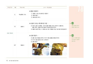 42 ArtE 초등 미술과 심화 자료
반응 명료화
15′
5′
20′
학습활동 안내
<활동1>
<활동2>
◈ 활동 안내하기
① 공룡이 나오는 애니메이션 시청하기
② 공룡 만들기
③ 공룡 공원 꾸미기
◈ 공룡이 나오는 애니메이션 시청
▶ 쥬라기 공원, 도라에몽 : 진구의 공룡 대탐험, 아이스 에이지 3 공룡시대,
공룡 티렉스, 공룡시대 등 중에서 하나를 감상하게 한다.
▶ 공룡의 모습의 특징, 그 시절에 살고 있는 사람들의 모습, 의상 등에 대해 발표하기
◈ 공룡 만들기
▶ 공룡 그림 자료를 보여주고 자기가 만들 공룡을 정해보게 한다.
▶ 자기가 만들 공룡 및 토우 스케치하기
▶ 공룡 만들기
학 습 단 계 시량 학 습 내 용 교 수 - 학 습 활 동
유의점●
목이나 다리를 만들 때
이쑤시개로 고정하면
쉽게 된다.
유의점●
공룡 모형을 보면서
만들면 도움이 된다.
7-8
 