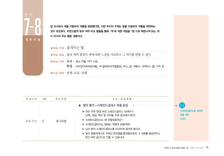 PART 2 프로그램의 실제 � 다양한 색의 세계 75
■학습 주제 : 움직이는 빛
■학습 목표 : 빛의 색과 물감의 색에 대한 느낌을 비교하고 그 차이를 말할 수 있다.
■학습 자료 : 교사 - 참고 작품, PPT 수업
학생 - 꼬마전구(트리장식용), 색 셀로판지(색깔별로), 박스, 칼, 색종이, 크레파스, 풀, 가위 등
■수업 형태 : 전체-모둠-전체
앞 차시에서 색을 이용하여 작품을 표현했다면, 이번 차시의 주제는 빛을 이용하여 작품을 제작하는
것이 포인트다. 자연스럽게 빛과 색의 비교 활동을 통해‘색’에 대한 개념을‘빛’으로 확장시켜 보는 게
이 차시의 주요 활동 내용이다.
문제 인식 5′ 동기유발
◈ 생각열기-스테인드글라스작품감상
▶ 우리 주변 환경 속의 스테인드글라스 보여주기
(교회, 성당, 학교 등 아이들 주변 공간에서 찾기)
▶ 스테인드글라스는 왜 만들었을까요?
▶ 스테인드글라스는 밤에는 어떻게 보일까요?
▶ 낮과 밤의 스테인드글라스를 비교하여 생각해 봅시다.
▶ 빛이 형형색색으로 꾸며진 유리창을 통과함으로써 그 내부를 환상적이고
멋진 색의 공간으로 만들 수 있습니다.
학 습 단 계 시량 학 습 내 용 교 수 - 학 습 활 동
● 자 료
스테인드글라스로 장식된
건물 내부
(사진)
7-8
차 시
열 린 미 술
 