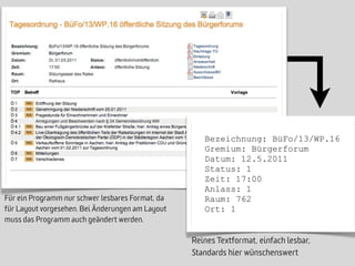 Bezeichnung: BüFo/13/WP.16
                                                     Gremium: Bürgerforum
                                                     Datum: 12.5.2011
                                                     Status: 1
                                                     Zeit: 17:00
                                                     Anlass: 1
Für ein Programm nur schwer lesbares Format, da      Raum: 762
für Layout vorgesehen. Bei Änderungen am Layout      Ort: 1
muss das Programm auch geändert werden.

                                                  Reines Textformat, einfach lesbar,
                                                  Standards hier wünschenswert
 
