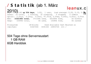 /  Statistik  (ab 1. März 2010) top - 13:47:46  up 504 days ,  1:02,  1 user,  load average: 0.20, 0.10, 0.08 Tasks:  33 total,  1 running,  32 sleeping,  0 stopped,  0 zombie Cpu(s):  2.5%us,  0.2%sy,  0.0%ni, 97.3%id, 0.0%wa, 0.0%hi, 0.0%si, 0.0%st Mem:  1032192k total ,  371108k used,  661084k free,  0k buffers Swap:  16384k total,  0k used,  16384k free,  0k cached Filesystem  1K-blocks  Used Available Use% Mounted on /dev/hdv1  31447040  6591320  24855720  21% / 504 Tage ohne Serverneustart 1 GB RAM 6GB Harddisk 