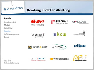 Beratung und DienstleistungProjektron GmbHModuleArchitektur KundenAnforderungsmgmt.DemoInhouse Consulting