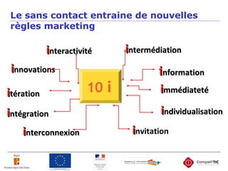iinformationnformation
iindividualisationndividualisation
iimmédiatetémmédiateté
iinteractiviténteractivité iintermédiationntermédiation
10 i
iintégrationntégration
iinterconnexionnterconnexion
iitérationtération
iinnovationsnnovations
iinvitation
Le sans contact entraine de nouvelles
règles marketing
 
