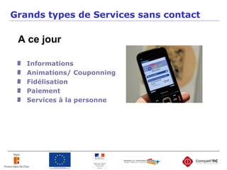 Grands types de Services sans contact
Informations
Animations/ Couponning
Fidélisation
Paiement
Services à la personne
A ce jour
 