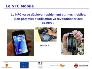 Le NFC Mobile
Le NFC va se déployer rapidement sur nos mobiles.
Son potentiel d’utilisation va révolutionner des
usages :
I Phone 5 ?
 