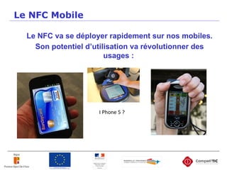 Le NFC Mobile
Le NFC va se déployer rapidement sur nos mobiles.
Son potentiel d’utilisation va révolutionner des
usages :
...