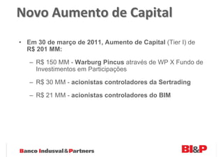 Novo Aumento de Capital
• Em 30 de março de 2011, Aumento de Capital (Tier I) de
  R$ 201 MM:

   – R$ 150 MM - Warburg Pincus através de WP X Fundo de
     Investimentos em Participações

   – R$ 30 MM - acionistas controladores da Sertrading

   – R$ 21 MM - acionistas controladores do BIM
 