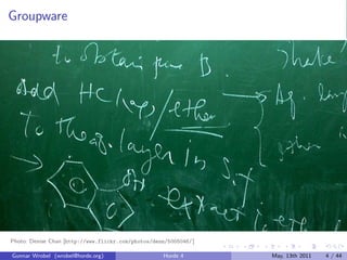 Groupware




Photo: Denise Chan [http://www.flickr.com/photos/denn/5005046/ ]

Gunnar Wrobel (wrobel@horde.org)                     Horde 4       May, 13th 2011   4 / 44
 