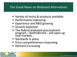 The Good News on Biobased Alternatives

  Variety of resins & products available
  Performance improving
  Experience and R&D growing
  Growth expected
  The federal biobased procurement
   program – BioPreferred – will open up
   new markets
  Standards in place
  Price competitiveness improving
  Demand increasing

                                     www.sustainablebiomaterials.org
 