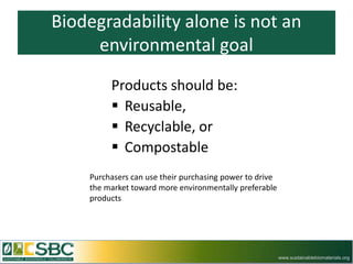 Biodegradability alone is not an
     environmental goal

         Products should be:
          Reusable,
          Recyclable, or
          Compostable
    Purchasers can use their purchasing power to drive
    the market toward more environmentally preferable
    products




                                                         www.sustainablebiomaterials.org
 
