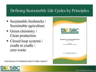 Defining Sustainable Life Cycles by Principles

    Sustainable feedstocks /
     Sustainable agriculture
    Green chemistry /
     Clean production
    Closed loop systems /
     cradle to cradle /
     zero waste

“Just because it’s biobased, doesn’t make it green”



                                                      www.sustainablebiomaterials.org
 