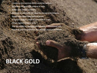    Creates a rich nutrient-filled material, humus,
   Increases the nutrient content in soils,
   Helps soils retain moisture,
   Reduces or eliminate the need for chemical fertilizers,
   Suppresses plant diseases and pests,
   Promotes higher yields of agricultural crops,
   Helps regenerate poor soils,
   Has the ability to cleanup (remediate) contaminated soil,
   Can help prevent pollution and manage erosion problems.




BLACK GOLD
 