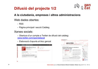 Difusió del projecte 1/2
     A la ciutadania, empreses i altres administracions
     Web dades obertes:
       - RSS
    ...