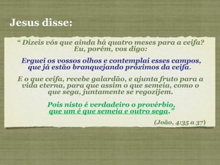 “ Dizeis vós que ainda há quatro meses para a ceifa?
Eu, porém, vos digo:
Erguei os vossos olhos e contemplai esses campos,
que já estão branquejando próximos da ceifa.
E o que ceifa, recebe galardão, e ajunta fruto para a
vida eterna, para que assim o que semeia, como o
que sega, juntamente se regozijem.
Pois nisto é verdadeiro o provérbio,
que um é que semeia e outro sega.”
(João, 4:35 a 37)
Jesus disse:
 