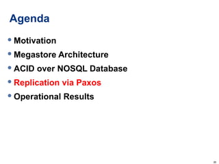 Agenda Motivation Megastore Architecture ACID over NOSQL Database Replication via Paxos Operational Results 