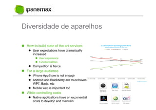 Diversidade de aparelhos

  How to build state of the art services
      User expectations have dramatically
       increased
           User experience
           Functionnalities
      Competition is fierce
  For a large audience
      iPhone AppStore is not enough
      Android and Blackberry are must haves –
       WP7, Bada, etc
      Mobile web is important too
  While controlling costs
      Native applications have an exponential
       costs to develop and maintain
 