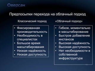 Предпосылки перехода на облачный подход
    Классический подход   «Облачный подход»

  • Фиксированная         • Гибкое, моментально
    производительность      е масштабирование
  • Необходимость в       • Быстрое добавление
    специалистах            инстансов
  • Большое время         • Высокая надѐжность
    масштабирования       • Высокая доступность
  • Низкая надѐжность     • Нет необходимости в
  • Низкая доступность      собственной
                            инфраструктуре
                                              13
 