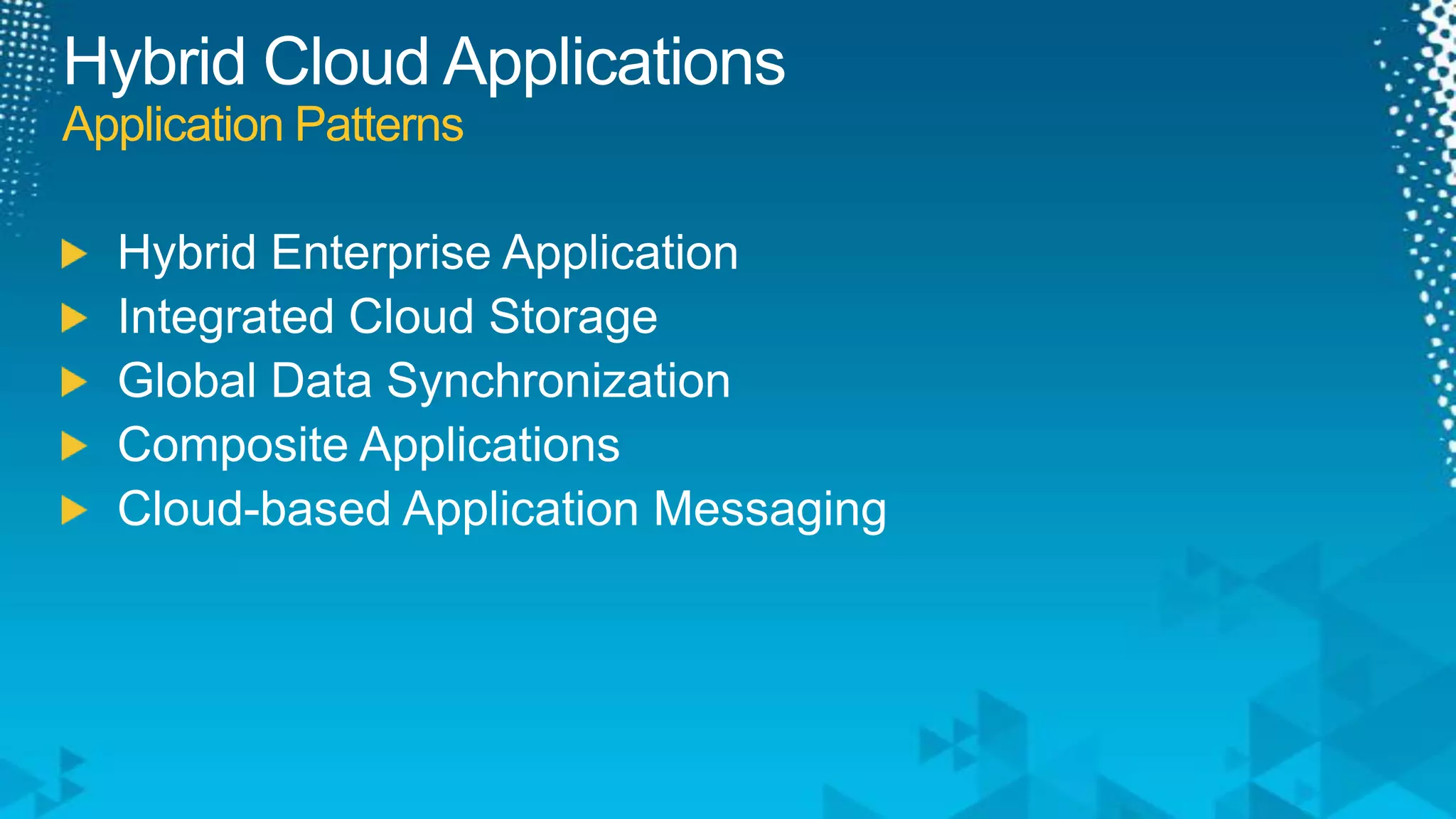 Hybrid Cloud ApplicationsApplication PatternsHybrid Enterprise ApplicationIntegrated Cloud StorageGlobal Data SynchronizationComposite ApplicationsCloud-based Application Messaging