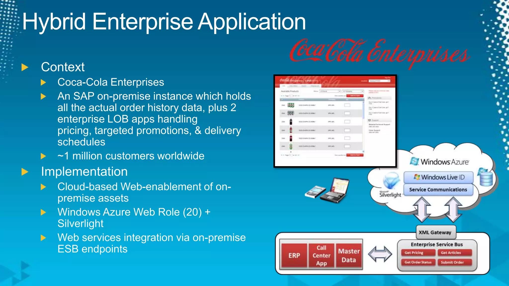 Hybrid Enterprise ApplicationContextCoca-Cola EnterprisesAn SAP on-premise instance which holds all the actual order history data, plus 2 enterprise LOB apps handling pricing, targeted promotions, & delivery schedules~1 million customers worldwideImplementationCloud-based Web-enablement of on-premise assetsWindows Azure Web Role (20) + SilverlightWeb services integration via on-premise ESB endpoints