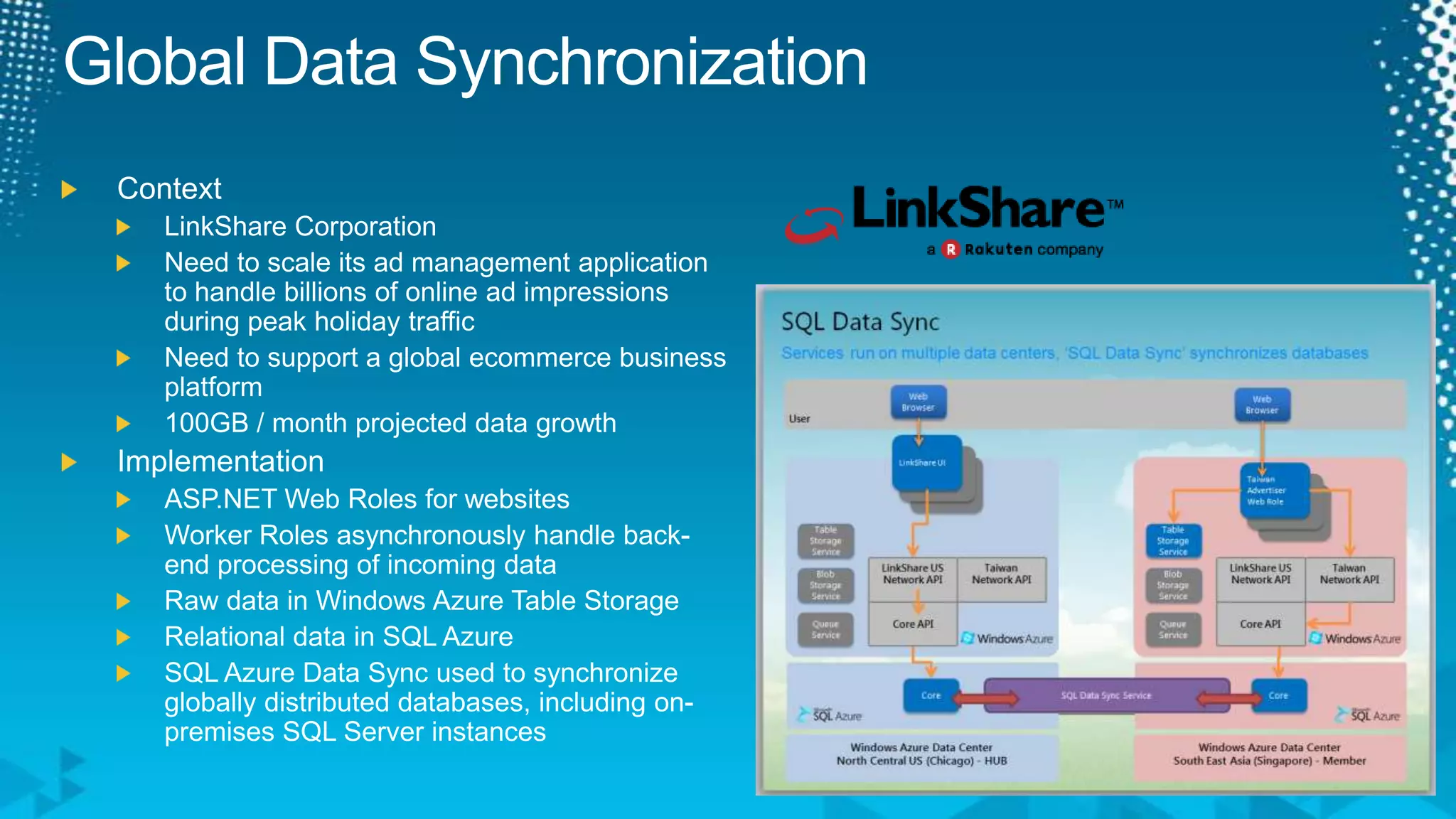 Global Data SynchronizationContextLinkShare CorporationNeed to scale its ad management application to handle billions of online ad impressions during peak holiday trafficNeed to support a global ecommerce business platform100GB / month projected data growthImplementationASP.NET Web Roles for websitesWorker Roles asynchronously handle back-end processing of incoming dataRaw data in Windows Azure Table StorageRelational data in SQL AzureSQL Azure Data Sync used to synchronize globally distributed databases, including on-premises SQL Server instances