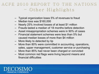 –   Typical organization loses 5% of revenues to fraud
      –   Median loss was $160,000
      –   Nearly 25% involved losses of at least $1 million
      –   Frauds lasted a median of 18 months before detection
      –   Asset misappropriation schemes were in 90% of cases
      –   Financial statement schemes were less than 5% but
          caused median losses of more than $4 million
      –   More likely to detected by tip
      –   More than 80% were committed in accounting, operations,
          sales, upper management, customer service or purchasing
      –   More than 85% had never been charged or convicted
      –   Most common red flags were living beyond means and
          financial difficulties




FINANCIAL FORENSICS
 