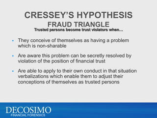 CRESSEY’S HYPOTHESIS
                      FRAUD TRIANGLE
            Trusted persons become trust violators when…

   They conceive of themselves as having a problem
    which is non-sharable
   Are aware this problem can be secretly resolved by
    violation of the position of financial trust
   Are able to apply to their own conduct in that situation
    verbalizations which enable them to adjust their
    conceptions of themselves as trusted persons




FINANCIAL FORENSICS
 