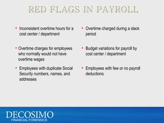 • Inconsistent overtime hours for a   • Overtime charged during a slack
    cost center / department              period


  • Overtime charges for employees      • Budget variations for payroll by
   who normally would not have            cost center / department
   overtime wages
  • Employees with duplicate Social     • Employees with few or no payroll
    Security numbers, names, and          deductions
    addresses




FINANCIAL FORENSICS
 