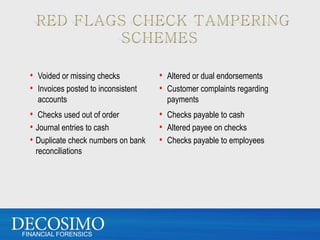 • Voided or missing checks          • Altered or dual endorsements
  • Invoices posted to inconsistent   • Customer complaints regarding
    accounts                            payments
  • Checks used out of order          • Checks payable to cash
  • Journal entries to cash           • Altered payee on checks
  • Duplicate check numbers on bank   • Checks payable to employees
   reconciliations




FINANCIAL FORENSICS
 