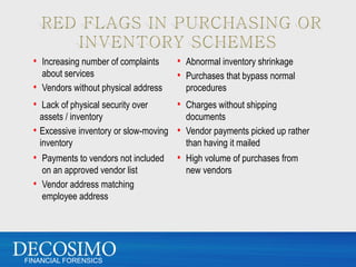 • Increasing number of complaints    • Abnormal inventory shrinkage
    about services                     • Purchases that bypass normal
  • Vendors without physical address     procedures
  • Lack of physical security over     • Charges without shipping
    assets / inventory                   documents
  • Excessive inventory or slow-moving • Vendor payments picked up rather
    inventory                            than having it mailed
  • Payments to vendors not included   • High volume of purchases from
    on an approved vendor list           new vendors
  • Vendor address matching
    employee address




FINANCIAL FORENSICS
 