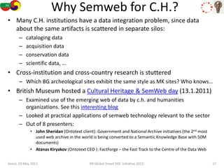 Why Semweb for C.H.?
• Many C.H. institutions have a data integration problem, since data
  about the same artifacts is scattered in separate silos:
      –   cataloging data
      –   acquisition data
      –   conservation data
      –   scientific data, …
• Cross-institution and cross-country research is stuttered
      – Which BG archeological sites exhibit the same style as MK sites? Who knows…
• British Museum hosted a Cultural Heritage & SemWeb day (13.1.2011)
      – Examined use of the emerging web of data by c.h. and humanities
        organizations. See this interesting blog
      – Looked at practical applications of semweb technology relevant to the sector
      – Out of 8 presenters:
             • John Sheridan (Ontotext client): Government and National Archive initiatives (the 2nd most
               used web archive in the world is being converted to a Semantic Knowledge Base with 50M
               documents)
             • Atanas Kiryakov (Ontotext CEO ): FactForge – the Fast Track to the Centre of the Data Web


Seoul, 19 May 2011                         KR Global Smart SOC Initiative 2011                              17
 