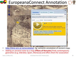 EuropeanaConnect Annotation




• http://dme.arcs.ac.at/annotation. Eg: semantic annotation of ancient maps
• Adding an ancient name to a map (Pillars of Hercules) finds contemporary
  geonames (e.g. Gibraltar, Spain, Morocco) and offers them for association
Seoul, 19 May 2011            KR Global Smart SOC Initiative 2011             39
 