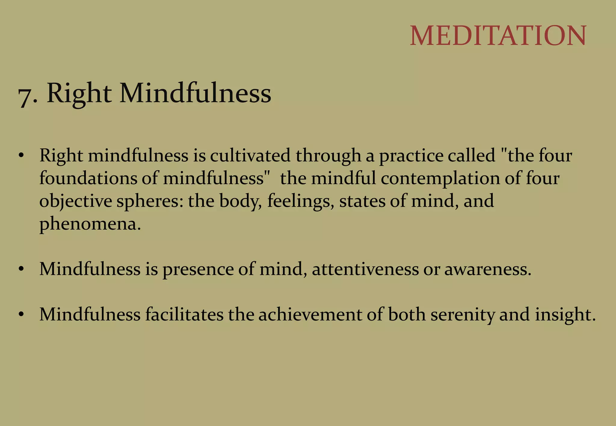 "A certain man with his head covered went to sleep at the foot of a fruiting mango tree. Then a ripe mango loosened from the stalk fell to the ground, grazing his ear. Awakened by that sound, he opened his eyes and looked; then stretching out his hand he took the fruit, squeezed it, smelled it, and ate it.Herein, the time of his sleeping at the foot of the mango tree is as when we are subconsciously alive (bhavanga-sota). The instant of the ripe mango falling from its stalk and grazing his ear is like the instant of the object striking the sentient organism (bhavanga-calana). The time of awaking through the sound is like that of adverting by the five sense-doors agitating the subconscious life continuum (pañca-dvāravajjana). The time of the man’s opening his eyes and looking is like that of accomplishing the function of seeing through visual cognition (cakkhu-viññāna). The time of stretching out his hand and taking the mango is as that of the resultant mind element receiving the object (sampaticchana). The time of taking it and squeezing it is as that of the resultant element of mind-cognition examining the object(santīrana). The time of smelling it is as that of the inoperative element of mind-cognition determining the object (votthapana). The time of eating is as that of apperception (javana); Tadālambana isenjoying the taste of the object."