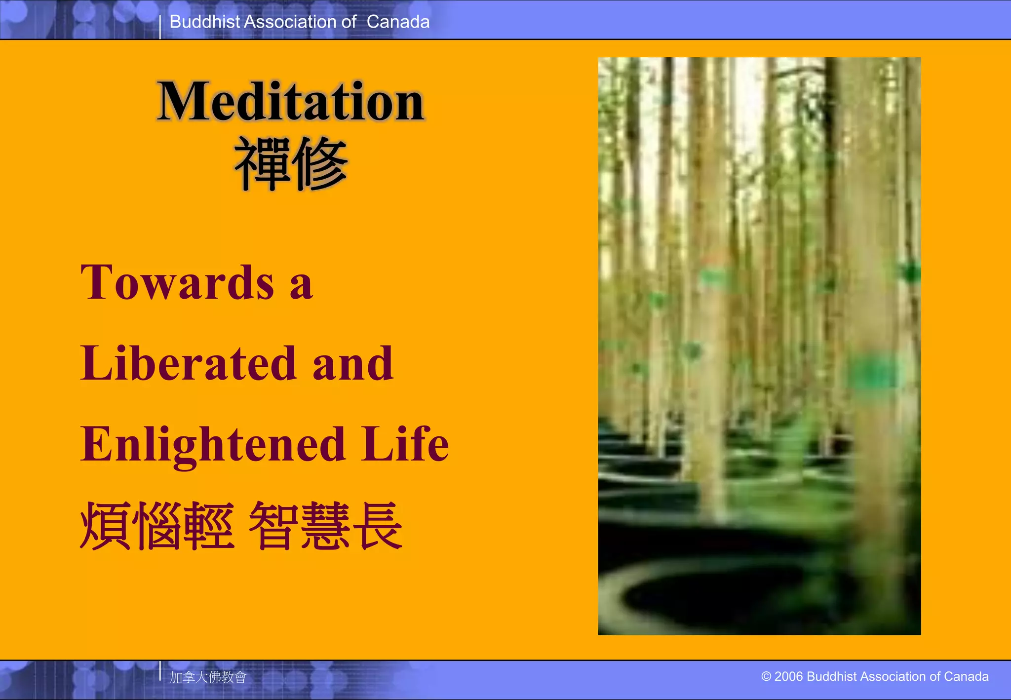 Meditation禪修Towards aLiberated andEnlightened Life煩惱輕智慧長