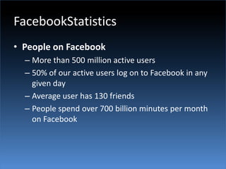 FacebookStatisticsPeople on FacebookMore than 500 million active users50% of our active users log on to Facebook in any given dayAverage user has 130 friendsPeople spend over 700 billion minutes per month on Facebook