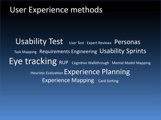User Experience methodsUsability Test   User Test   Expert Reviews   Personas   Task Mapping   Requirements Engineering  Usability SprintsEye tracking RUP   Cognitive Walkthrough   Mental Model Mapping Heuristic Evaluation Experience PlanningExperience Mapping   Card Sorting