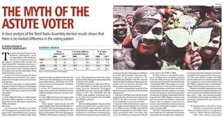 REUTERS




THE MYTH OF THE
ASTUTE VOTER
A close analysis of the Tamil Nadu Assembly election results shows that
there is no marked difference in the voting pattern
N GOPALASWAMI &
PRAVEEN CHAKRAVARTY                            NUMBER CRUNCH
                                                                        Seats                 % of votes polled in              % of seats
           he party has just begun to cele-


T
                                                                     contested in             contested seats in                  won in
           brate the “intelligence” of the
           average Indian voter and his as-                         2006      2011             2006           2011            2006      2011
           tuteness in using the power of       DMK                  132       119              46.1           43.1            72.7      19.3
the ballot to overthrow the corrupt. The        INC                   48         63             42.7           38.3            70.8       7.9
Tamil Nadu 2011 Assembly election re-
sults have acted as a catalyst for exuber-      ADMK                 188       160              40.8           51.7            32.4      93.8
ance and revelry of the coming of age of        DMDK                 232         41              8.4           40.1             0.4      70.7
the Indian voter and the supremacy of the      Source: Election Commission of India website
adult franchise process.                                                                                                                              terns as in the previous years according to    seats won by the DMK in 2006.                  as is borne out in this analysis and is false-
     Sorry to be a party pooper but these                                                                                                             his or her party loyalties. The mere com-          In other words, in econometric parl-       ly alluded to by large sections of our soci-
celebrations are premature. Let’s under-       presented with an option of rejecting the           actor Vijkayakanth provides the expla-             bination of the votes polled for the           ance, holding other variables constant         ety. The voter did not “punish” the DMK
stand why through a series of questions        DMK party for indulging in corrupt and              nation for this bizarre and precipitous drop       AIADMK and DMDK in the 2011 election           from the 2006 election, the DMK would          as it is made out to be and paradoxically,
and answers:                                   patronage politics, only three out of 100           in seats won by DMK.                               ensured that the alliance emerged as the       have lost just four seats from the 96 seats    the Congress proved to be a liability for
1: In the 2011 elections, in a ballot paper    chose to exercise that option. A sombre             5: In 2006, out of every 100 voters, 48 vot-       winner in 87 out of every 100 seats (the       it claimed in 2006. This paints a very con-    the DMK as opposed to the “neutralising”
that had a Dravida Munnettra Kazhagam          scenario indeed.                                    ed for the DMK, 41 voted for the All India         table summarises these numbers).               trarian picture to the one that our politi-    impact that everyone perceived it to be.
(DMK) candidate on the list, out of every      3: In the 2011 Assembly election, how               Anna Dravida Munnetra Kazhagam                         A further extrapolation analysis of the    cal commentators would have us believe.            Winston Churchill is quoted to have said
100 voters, how many voted for the DMK         many seats, out of every 100 seats that the         (AIADMK) and nine voted for the DMDK.              electoral results can lead to some startling   Interestingly, this also explains why most     “The best argument against democracy is
candidate?                                     DMK candidate contested, did they win?              When in 2011, the AIADMK and the                   conclusions:                                   of the exit pollsters may have got their       a five minute conversation with the aver-
43 voters.                                     19 seats.                                           DMDK came together, how many out of                1: Had the AIADMK and DMDK fought              predictions wrong by predicting 100 plus       age voter”. Alas, this quintessentially
2: In the 2006 elections, in a ballot paper    4: In the 2006 elections, how many seats            every 100 voters voted for the AIADMK              independently, then the seat tally for the     seats for the DMK alliance, because exit       Churchillian-style tongue-in-cheek com-
that had a DMK candidate on the list, how      did the DMK win out of every 100 seats?             and DMDK combine?                                  DMK in the 2011 elections would have           polls do not have the ability to detect the    ment may continue to be true, at least in
many out of every 100 voters, voted for the    73 seats.                                           52 voters.                                         been around 83 vis-à-vis 23 in actual.         impact due to changes in electoral al-         Tamil Nadu.
DMK candidate?                                     Three “astute” voters out of every 100              This is a telling statistic. Contrary to the   2: Had the DMK allotted fewer seats to         liances and rightfully could not discern
46 voters.                                     caused DMK to lose 54 out of 100 seats vis-         media portrayal of the average voter’s             the Congress and contested in 132 seats        any large meaningful change in voting            (N Gopalaswami is the former Chief
     So, out of every 100 voters, only three   à-vis 2006? This perplexing outcome is a            scorn at DMK’s petty politics, statistics          as in 2006 and the ADMK and DMDK               patterns from 2006.                                   Election Commissioner of India.
(46-43) apparently qualify for this “intel-    manifestation of electoral alliances. The           show that the average voter was not as per-        fought independently, the DMK would                The 2011 Tamil Nadu Assembly elec-         Praveen Chakravarty is on assignment
ligent voter” description of our expert po-    Desiya Murpokku Dravida Kazhagam                    turbed as we would have wanted him or              have garnered 92 seats. Ironically, this       tion results are no vindication of any quan-     with the Unique Identity Authority of
litical commentators. In other words, when     (DMDK) political party started by Tamil             her to be and instead voted in similar pat-        is not very different compared to the 96       tum leap in the average voter’s astuteness,          India. These views are personal)
 