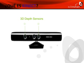 ¿Qué es Kinect?Dispositivo que combina una cámara RGB, un sensor de profundidad y un array de micrófonosCámara RBG para el reconocimiento de los tres colores básicosSensor de Profundidad que permite “ver una habitación en 3D”El array de micrófonos detecta las voces y las aisla del ruido ambientalCaja negra de software que une todo y hace toda la magia