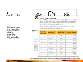 Åpenhet Informasjon  og analyser stadig  enklere tilgjengelig http://ialloffentlighet.blogspot.com/2011/05/kommune-norge-velger-facebook.html 