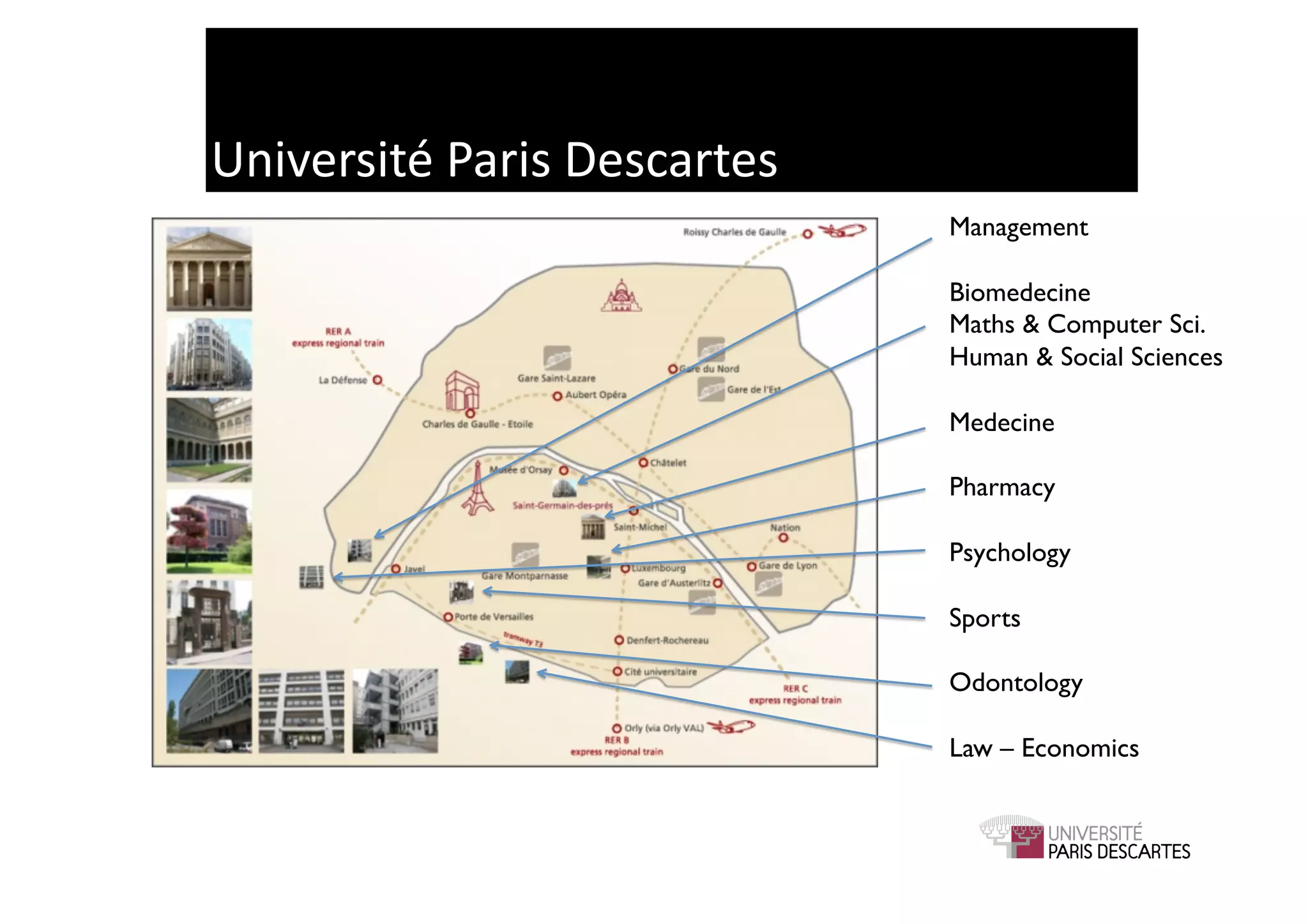 Université	
  Paris	
  Descartes	
  
                                       Management	


                                       Biomedecine	

                                       Maths & Computer Sci.	

                                       Human & Social Sciences	


                                       Medecine	


                                       Pharmacy	


                                       Psychology	


                                       Sports	


                                       Odontology	


                                       Law – Economics	

 