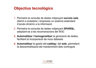Objectius tecnològics

1. Permetre la consulta de dades mitjançant serveis web,
   oferint a ciutadans i empreses un sistema estàndard
   d’accés dinàmic a la informació
2. Permetre la consulta de dades mitjançant SPARQL,
   adaptant-se a les recomanacions del W3C
3. Automatitzar i homogeneïtzar la generació de dades,
   facilitant la incorporació de nous datasets
4. Automatitzar la gestió del catàleg i del web, permetent
   la descentralització del manteniment dels continguts
 