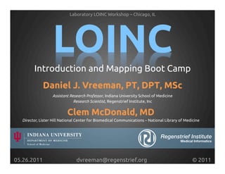 Laboratory LOINC Workshop – Chicago, IL!




                    LOINC!
         Introduction and Mapping Boot Camp!
              Daniel J. Vreeman, PT, DPT, MSc!
                   Assistant Research Professor, Indiana University School of Medicine!
                               Research Scientist, Regenstrief Institute, Inc!


                            Clem McDonald, MD!
   Director, Lister Hill National Center for Biomedical Communications – National Library of Medicine !




05.26.2011!                      dvreeman@regenstrief.org!                                       © 2011!
 