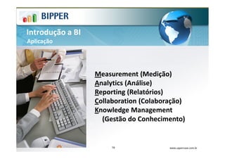 Introdução a BI
Aplicação




                  Measurement (Medição)
                  Analytics (Análise)
                  Reporting (Relatórios)
                  Collaboration (Colaboração)
                  Knowledge Management
                    (Gestão do Conhecimento)


                       19               www.uppercase.com.br
 