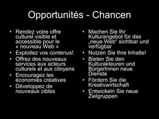 Opportunités - Chancen Rendez votre offre culturel visible et accessible pour le « nouveau Web » Exploitez vos contenus! Offrez des nouveaux services aux acteurs culturels et aux citoyens Encouragez les économies créatives Développez de nouveaux cibles Machen Sie Ihr Kulturangebot für das „neue Web“ sichtbar und verfügbar Nutzen Sie Ihre Inhalte! Bieten Sie den Kulturakteuren und BürgerInnen neue Dienste Fördern Sie die Kreativwirtschaft Entwickeln Sie neue Zielgruppen 