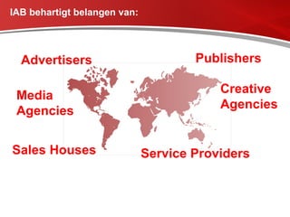 IAB behartigt belangen van: Advertisers Publishers Media Agencies Service Providers Creative Agencies Sales Houses 