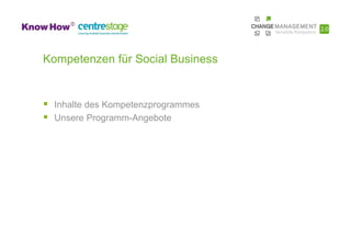 Kompetenzen für Social Business


  Inhalte des Kompetenzprogrammes
  Unsere Programm-Angebote
 