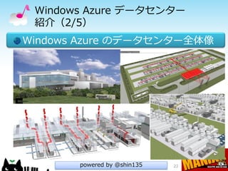 Windows Azure データセンター
 紹介（2/5）
Windows Azure のデータセンター全体像




       powered by @shin135   22
 