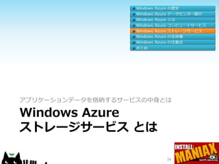 アプリケーションデータを格納するサービスの中身とは

Windows Azure
ストレージサービス とは

                        34
 